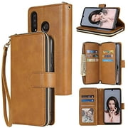 SZCINSENWalletCaseforHuaweiP30Lite,PremiumSoftPULeatherZipperFlipFolioWalletwithWristStrapCardSlotKickstandProtectiveCaseforHuaweiP30Lite(Color:Brown)