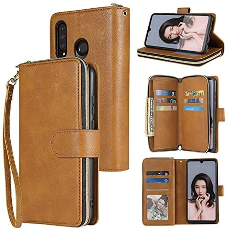 SZCINSENWalletCaseforHuaweiP30Lite,PremiumSoftPULeatherZipperFlipFolioWalletwithWristStrapCardSlotKickstandProtectiveCaseforHuaweiP30Lite(Color:Brown)