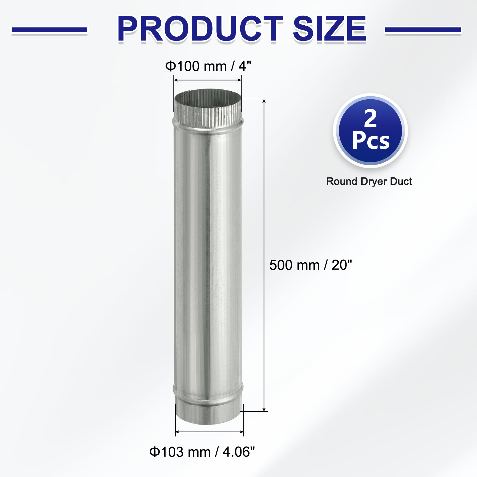 Uxcell 4 x 20 Inch Round Dryer Duct, 2PCS Galvanized Steel Crimped Straight Air Vent Duct Extension Coupler Pipe Adapter Connector for HVAC Dryer Hood Ventilation Chimney, Silver