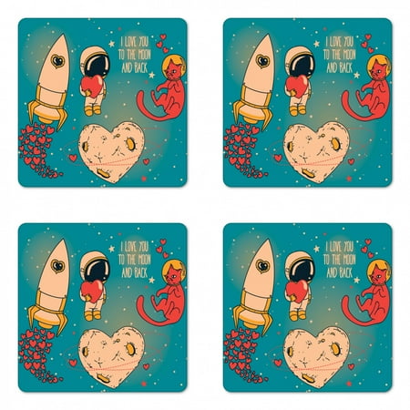 

Saying Coaster Set of 4 I Love You to the Moon and Back Space Love Theme Doodle of Astronaut and Cat Square Hardboard Gloss Coasters Standard Size Multicolor by Ambesonne