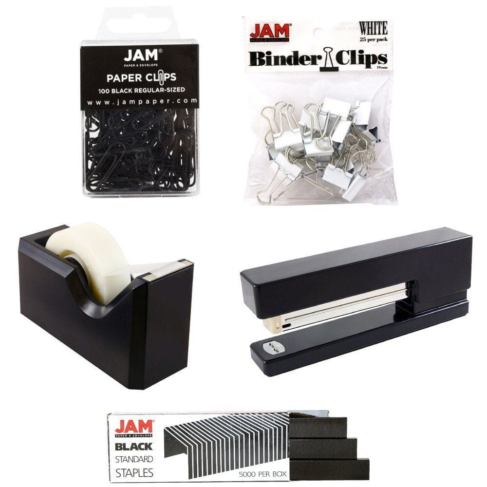 JAM Office Starter Kit, Black, 5/Pack, Stapler, Tape Dispenser, Staples