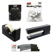 JAM Paper Desk Set, Stapler, Tape Dispenser, Staples, Paper Clips & Binder Clips, Black, 5/Pack
