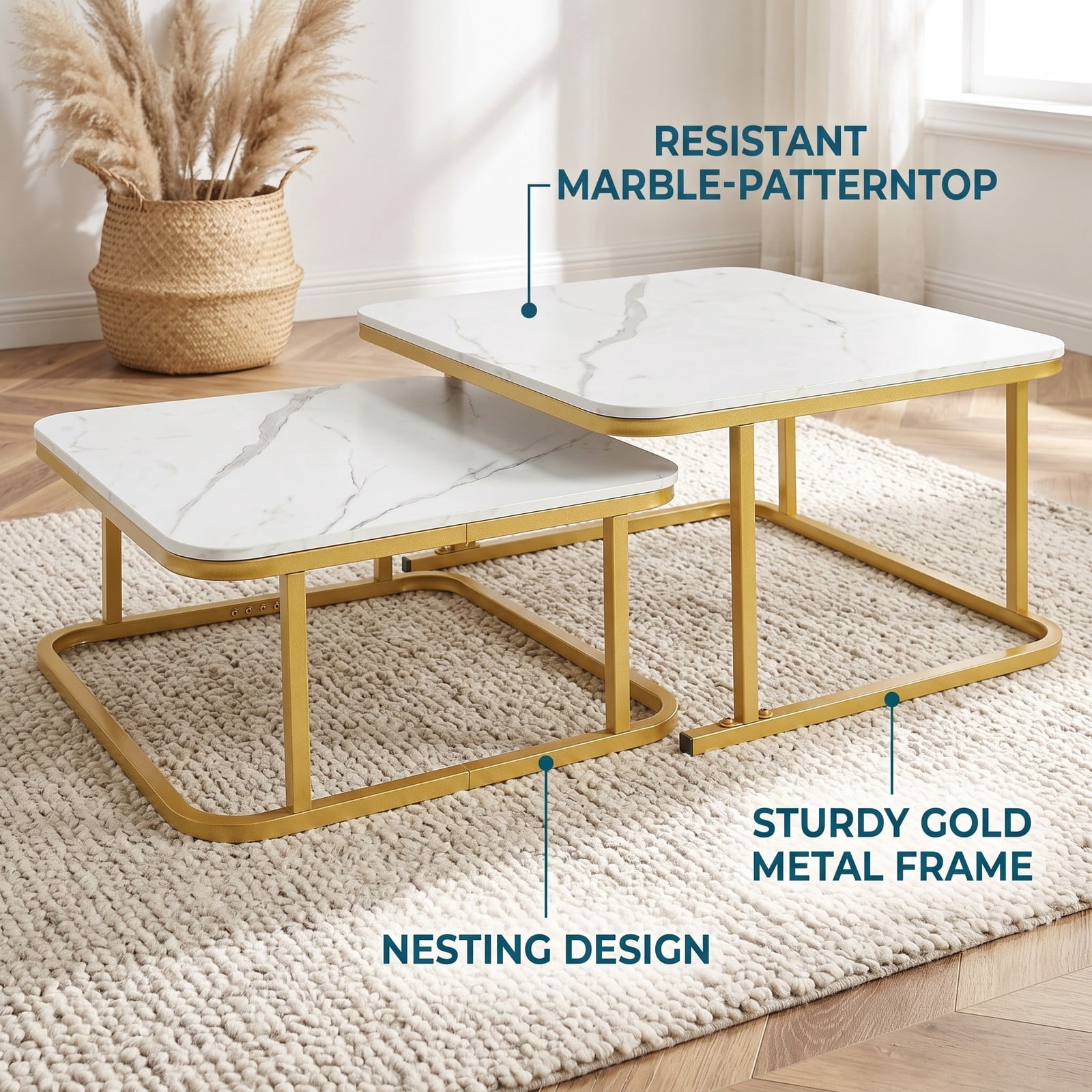 Furnibear Nesting Coffee Table Set of 2, Faux Marble Top Round-Corner Cocktail Tables with Powder-Coated Metal Frame, Stackable Space-Saving Side End, White & Gold