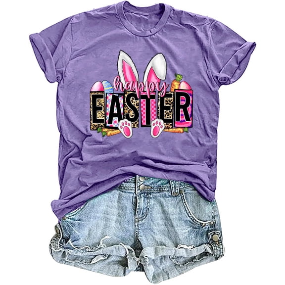 Brythos Women's Easter Bunny Graphic T-Shirts Happy Easter Egg Holiday Rabbit Shirt Tops
