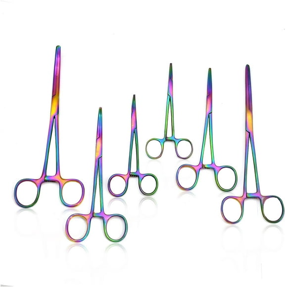 OdontoMed2011 Multi Color Rainbow Color Ultimate Hemostat Set, 6 Piece Ideal for Hobby Tools, Electronics, 8", 5.5", 5" hemostats Curved and Straight