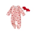 thumbnail image 2 of Elippeo Baby Girl Valentine’s Day Outfits Long Sleeve Heart Bow Print Ruffle Jumpsuit with Headband Set Newborn Clothes, 2 of 9