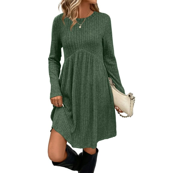 Long Sleeve Dress for Women Crew Neck Empire Waist Tunic Dress with Pockets