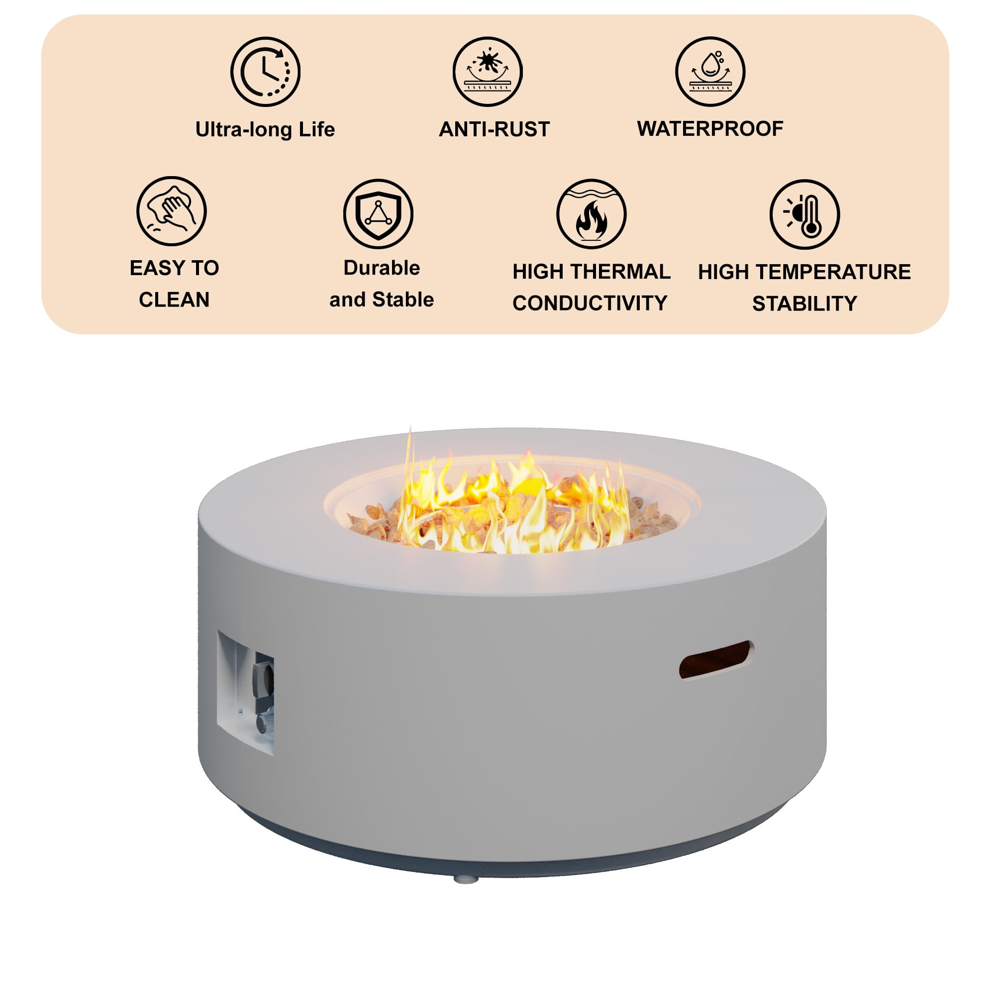 HongTaoK 32.5" Round Propane Fire Pit Portable Gray 50K BTU Outdoor with Lava Rocks, Preservative, White