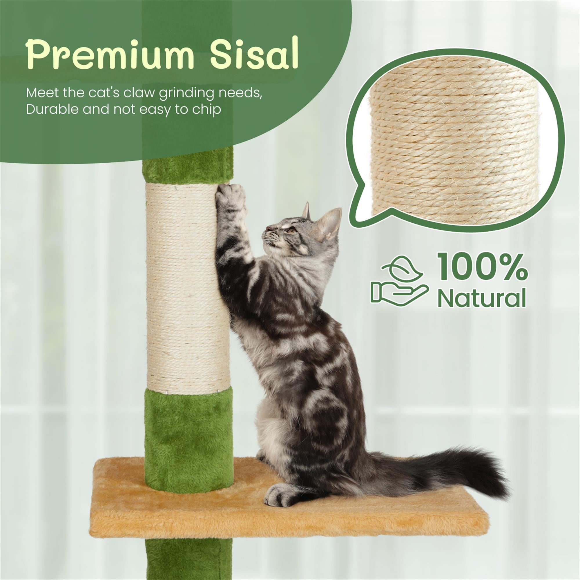 Kadyn Cat Tree, Cactus Floor to Ceiling Cat Tower with Adjustable Height (90"-106"), 5 Level Cat Climbing Tower with Cozy Platforms and Dangling Balls for Indoor Cats, Green
