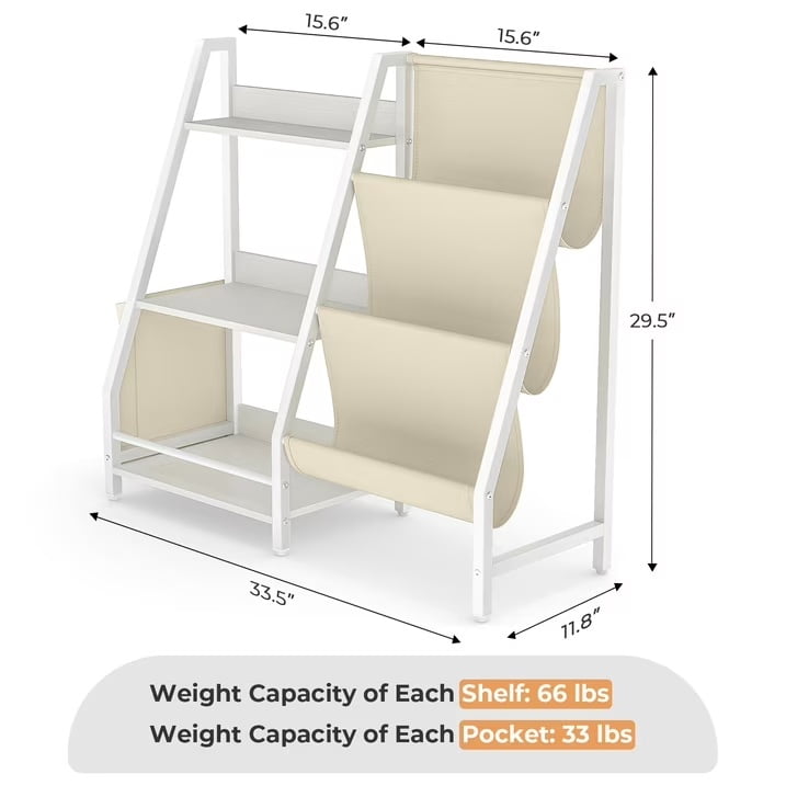 Fenbeli 3-Tier Kids Bookshelf and Toy Storage, White Bookcase with Display Compartments Side Pockets and Anti-Tip Strap, Organizer for Nursery Bedroom and Playroom