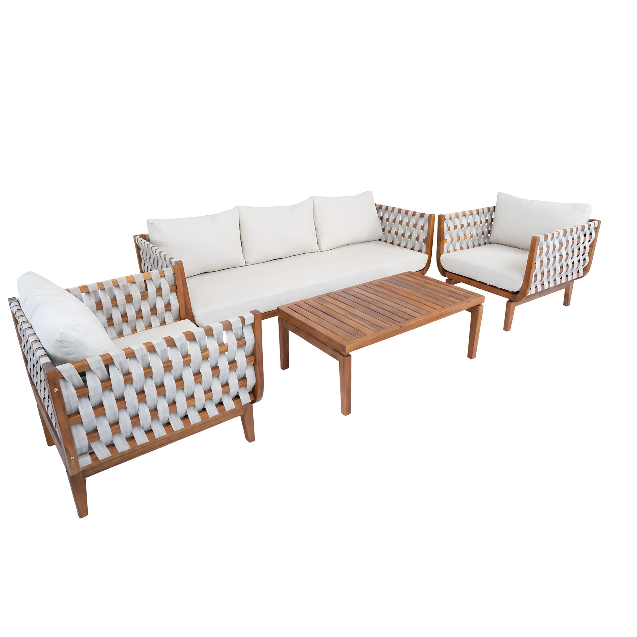 Christopher Knight Home 4-Piece Boho Wood Outdoor Conversation Set with Coffee Table, Beige Cushions, Teak