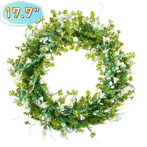 Artificial Shamrock Wreath for Front Door, Spring Green Clover Door Wreath, Farmhouse Wall Decor for St. Patrick’s Day & Seasonal Home Decoration 17 Inch