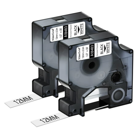 NineLeaf 2 Pack Compatible for DYMO 18483 1/2'' 12mm Black on White Permanent Polyester Label Tape