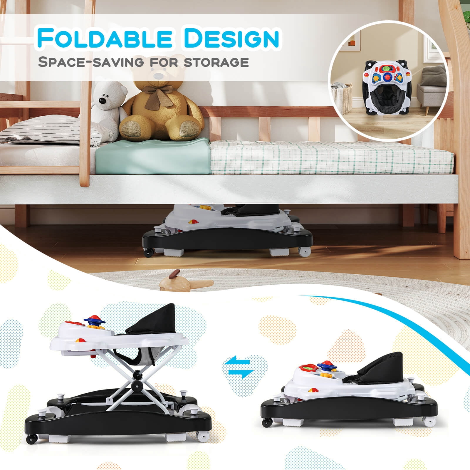 Costway 6 in 1 Baby Walker Adjustable Toddler Walker & Activity Center with Music Tray Black