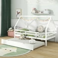 thumbnail image 1 of Gymax Twin Size House Bed w/ Trundle Wooden Kids Bed w/ Safety Rails & Decorable Roof White, 1 of 10
