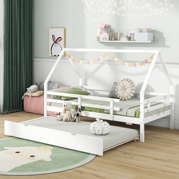 Gymax Twin Size House Bed w/ Trundle Wooden Kids Bed w/ Safety Rails & Decorable Roof White