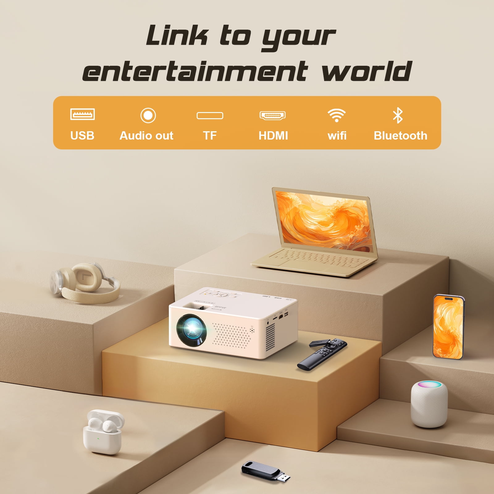 Faltopu Mini Projector with Wifi and Bluetooth, 9500LM Portable Home Theater Projector with Screen ,1080P 250"Display Supported