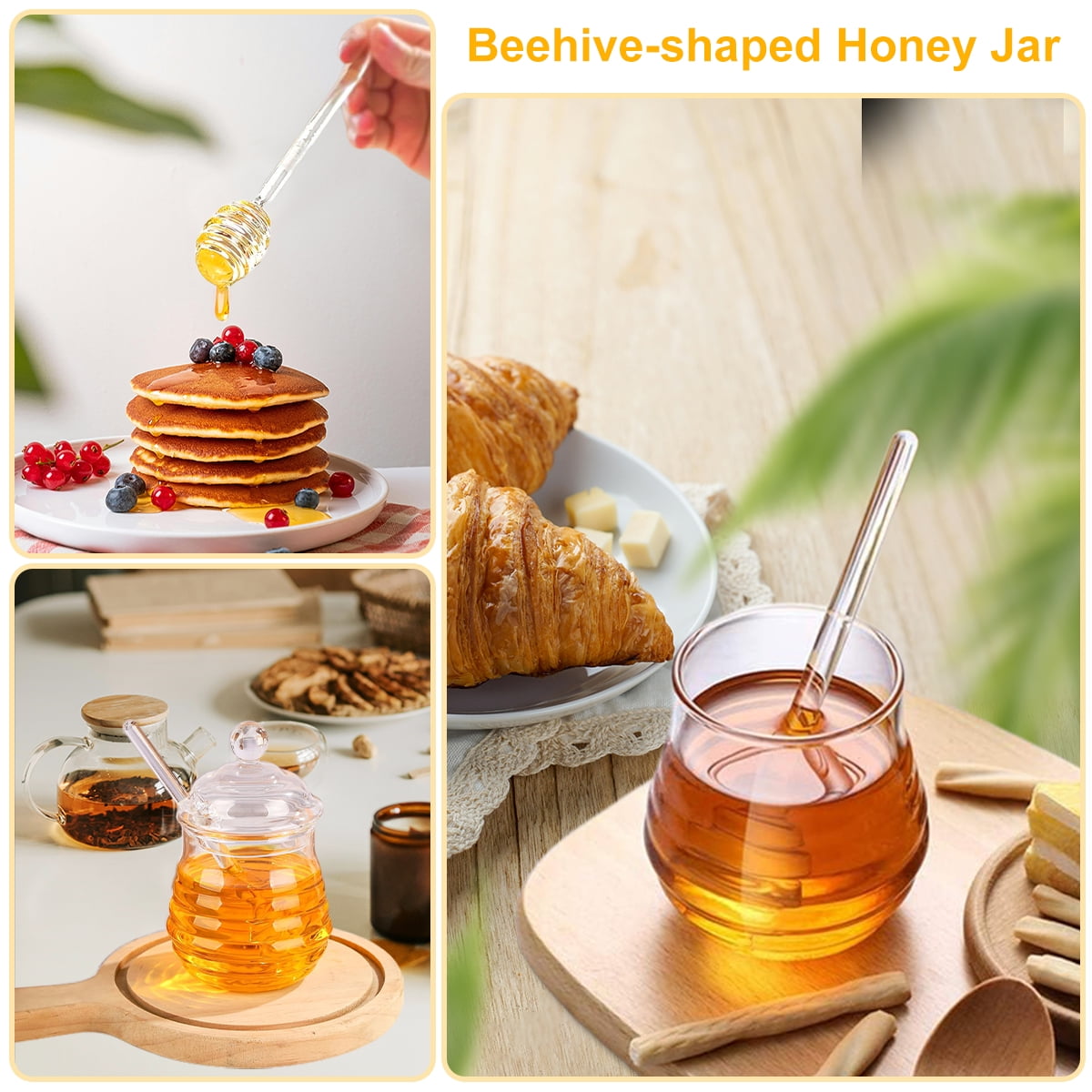 QUUPY Honigglas 380ml Mit Holzlöffel - Hexagon Form Für Honig & Marmelade