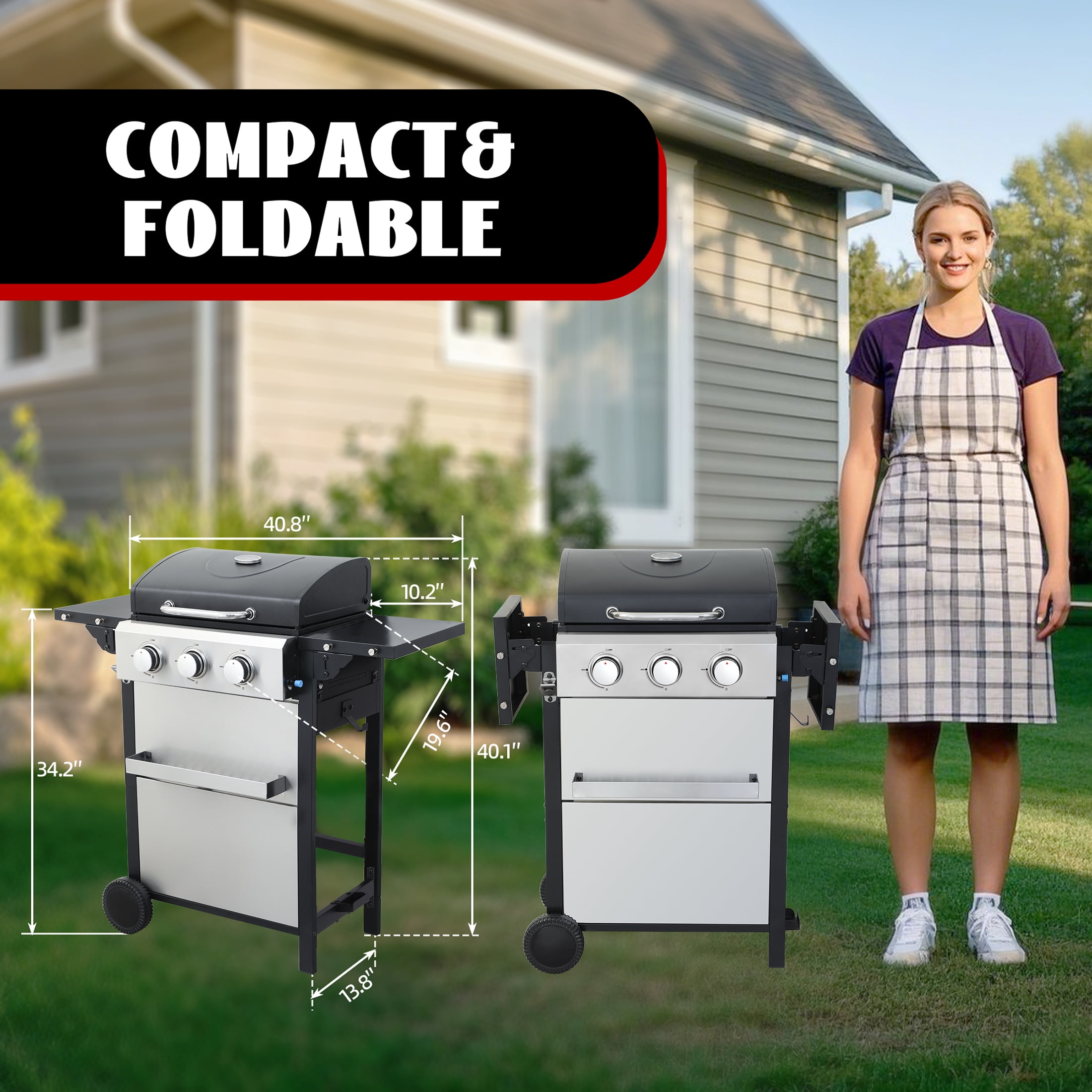 3-Burner Propane Gas Grill With Wheels for 25,650 BTU Outdoor Barbecue BBQ Grill, Stainless Steel Control Panel, Easy Ignition, Temperature Gauge, 2-Enameled Cooking Grids