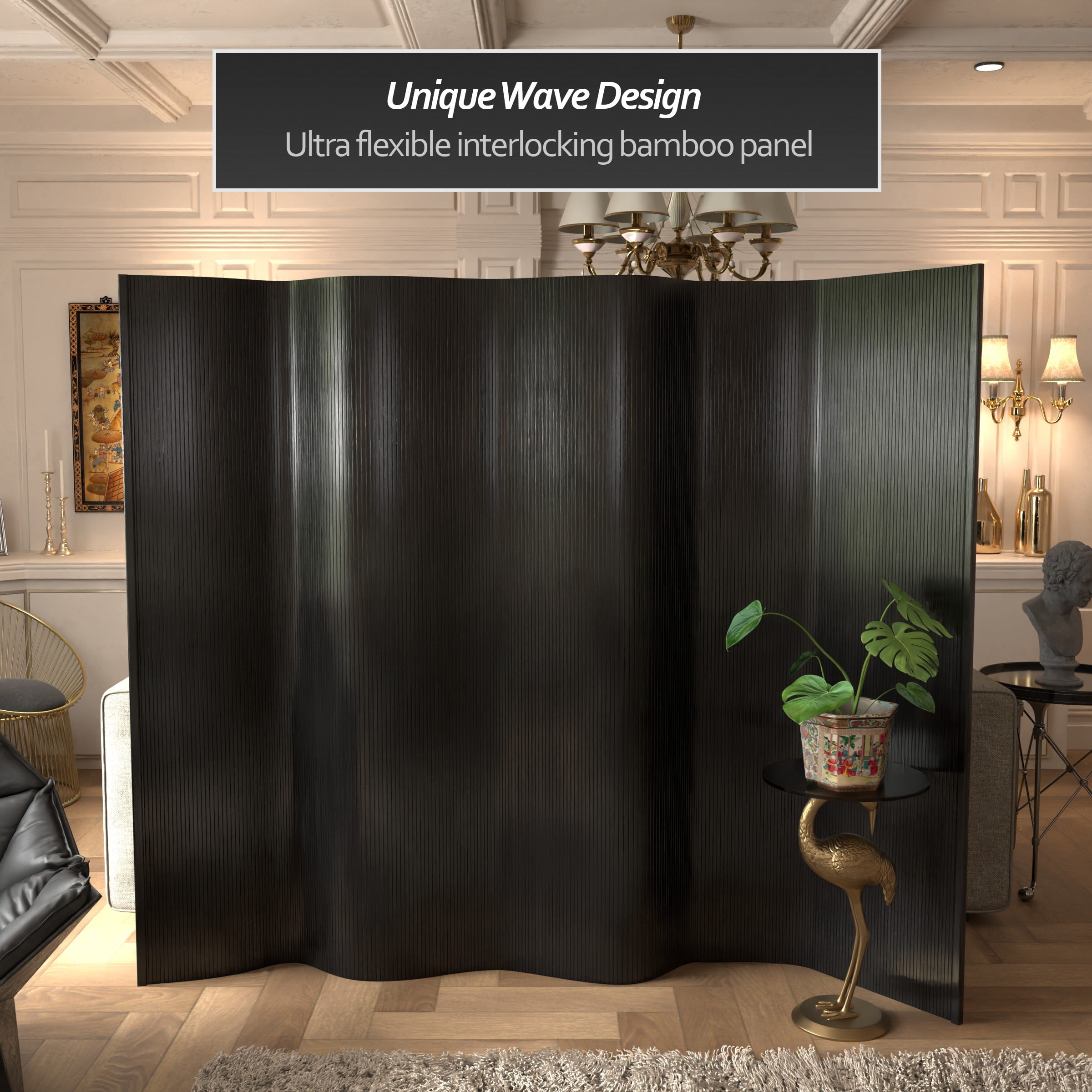 6 ft. Tall Black Bamboo Wave Room Divider Screen