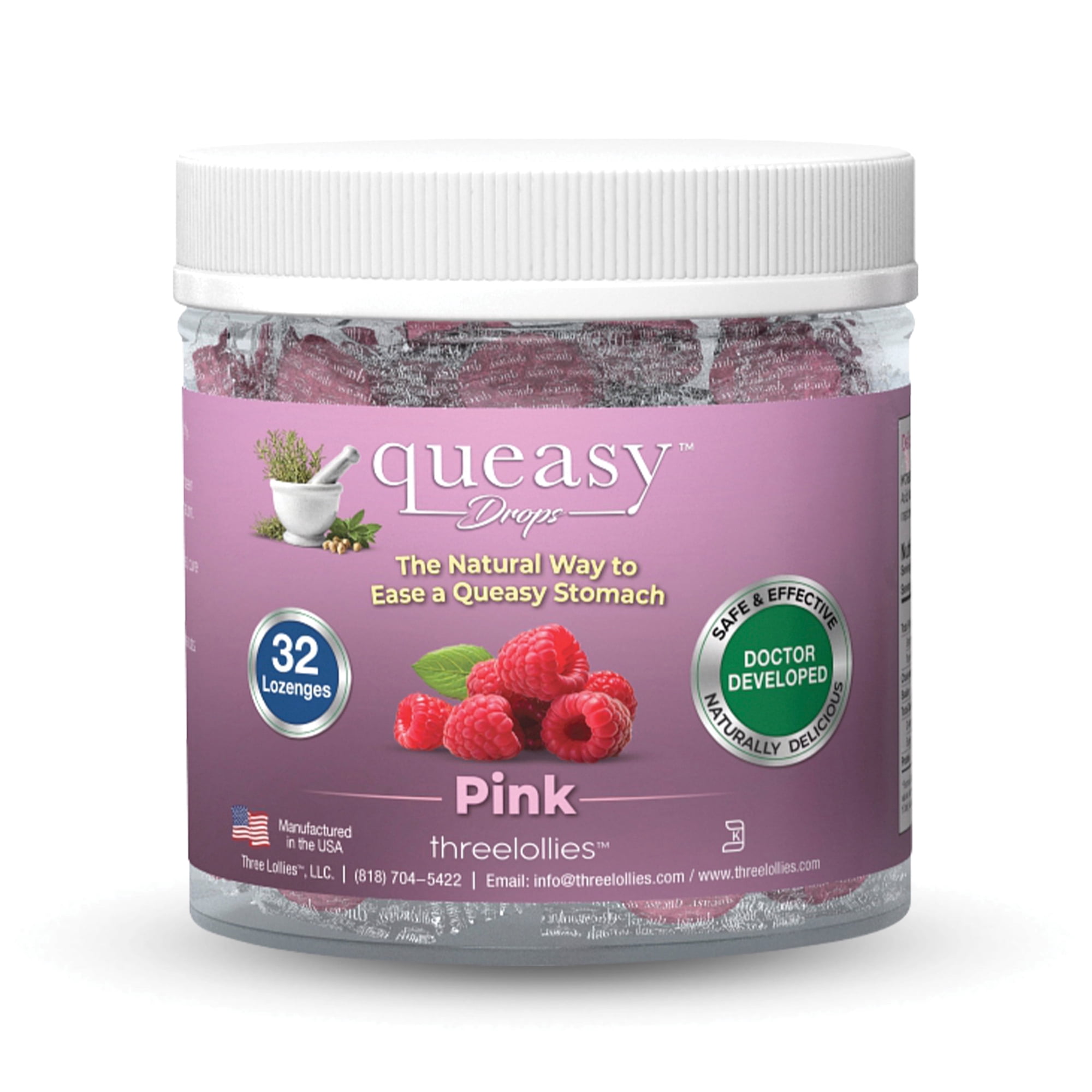 Three Lollies Queasy Drops - Pink Sour Raspberry Flavor - Travel Sickness & Nausea Relief, Soothes Stomach & Dry Mouth, Natural Ingredients - 32 ct