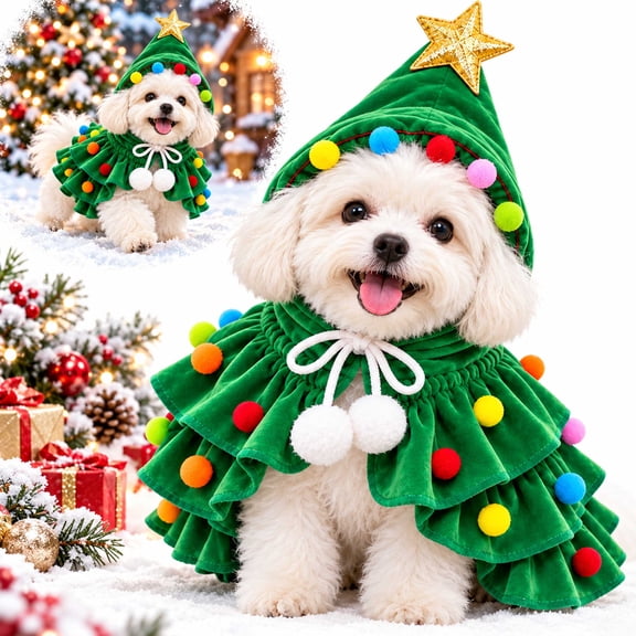Dog Christmas Outfit, Christmas Tree Cape Costume, for Holiday Photos Parties, Soft Adjustable for Small Dogs