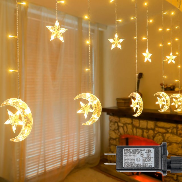 Qunlight Ramadán Decoraciones Luces de cortina 10.8 pies 138LED Luces de cortina al aire libre impermeable con 12 gotas 8 modos con temporizador Luz de carámbano de hadas conectable para ventana patio