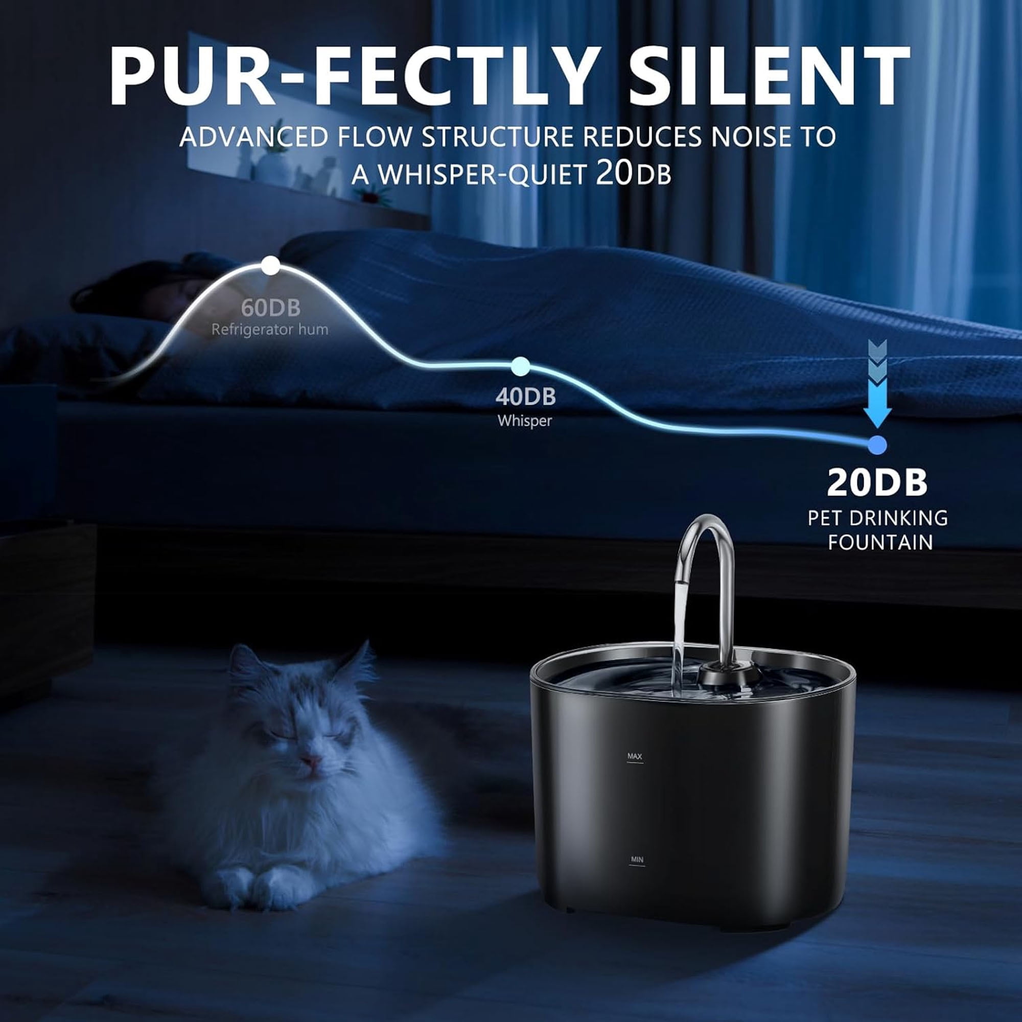 OFEFE 71oz/2.1L Cat Water Fountain with Copper Faucet - Automatic Pet Water Dispenser with Advanced Filtration System, LED Light, and 3 Replacement Filters for Indoor Cats (Black)