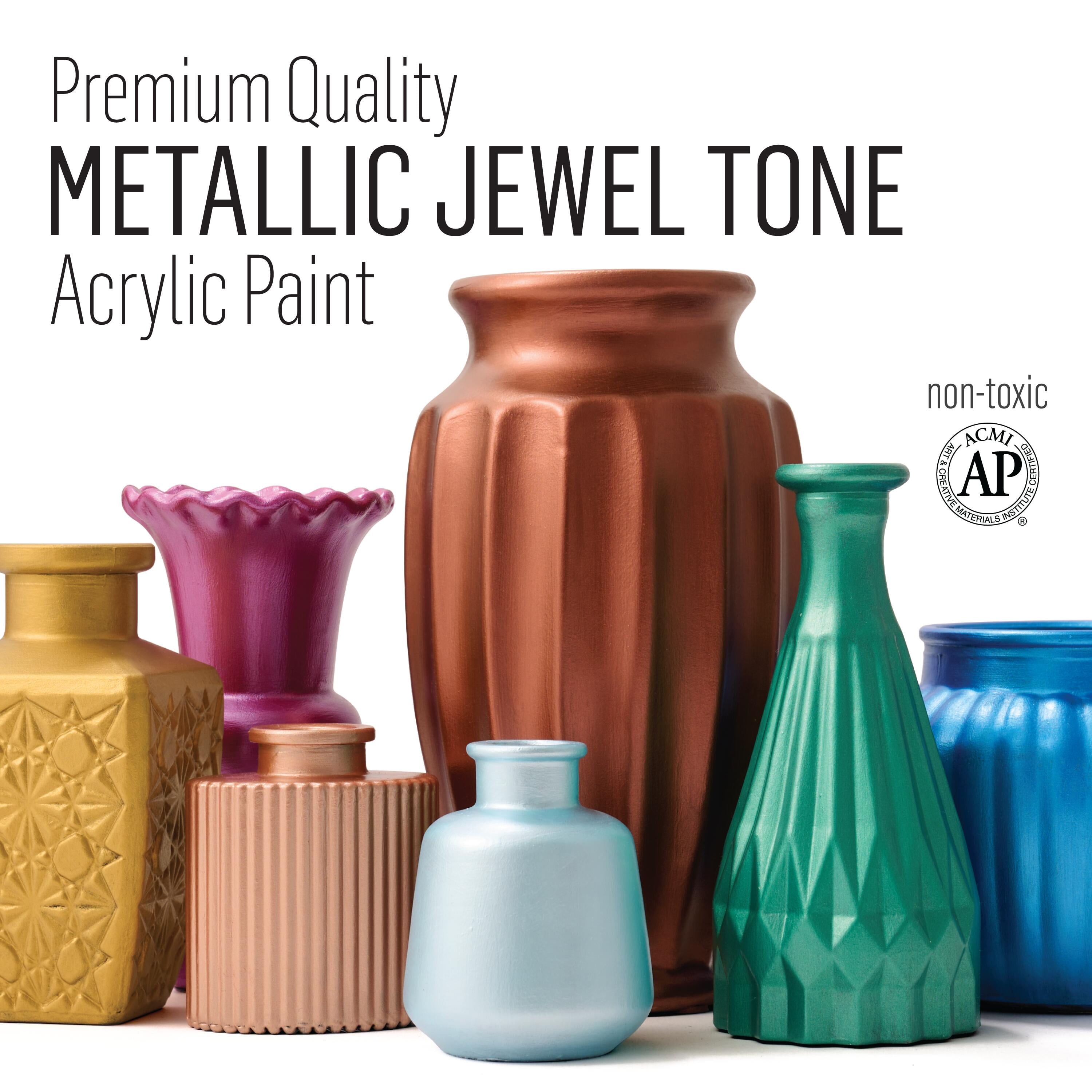 FolkArt Jewel Tone Acrylic Craft Paint Kit, 15 Piece Set Including 12 Metallic Acrylic Paints and 3 Premium Paintbrushes