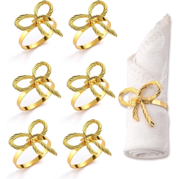 Haimei 6Pcs Bow Napkin Rings, Vintage Gold - Elegant Table Decor for Wedding & Holiday