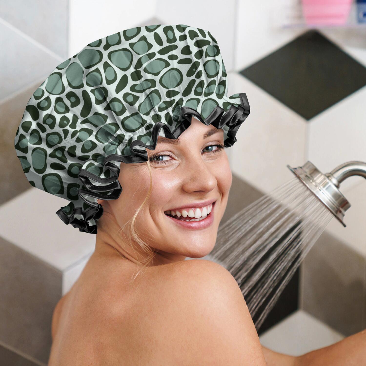 Shower Caps,Green and Dark Green Giraffe Pattern Waterproof Shower Cap for Women 4 Pieces,Double Reusable Hair Cover for Shower PEVA Elastic Stretch Hem