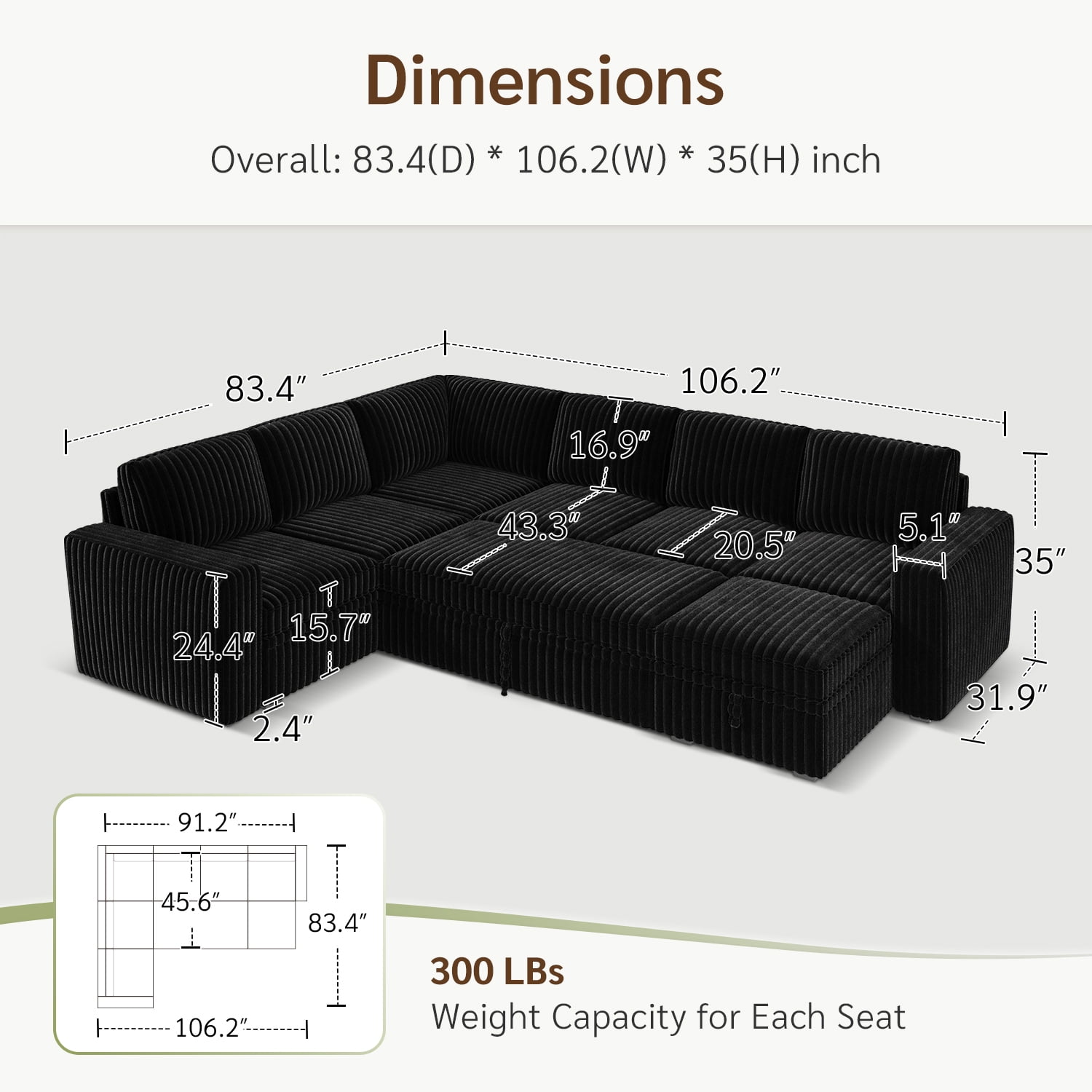 Marrber 106” Oversized Modern Plush Corduroy U-Shaped Modular 7-Seater Pull-Out Sectional Sleeper Sofa Bed with Hidden Storage for Living Room and Apartment, Pet-Friendly Fabric, Easy Assembly, Black