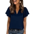 thumbnail image 5 of CQONEPT Womens Summer Satin Blouses V Neck Dressy Casual Shirts Ruffle Cap Sleeve Business Work Spring Tops Navy XL, 5 of 7