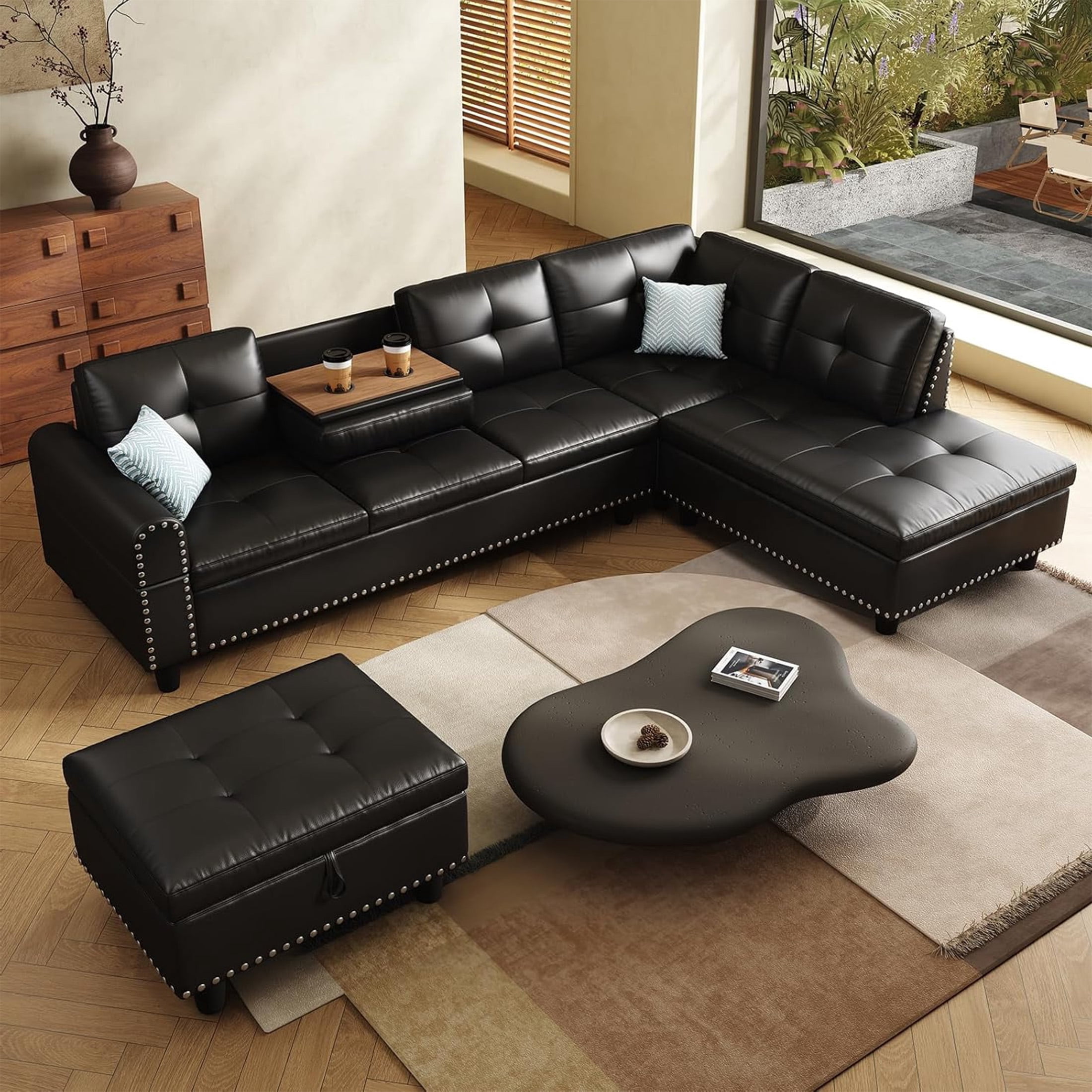AENKYO 98" L-Shaped Sectional Sofa with Reversible Chaise, Storage Ottoman & Cup Holders, Faux Leather, Black