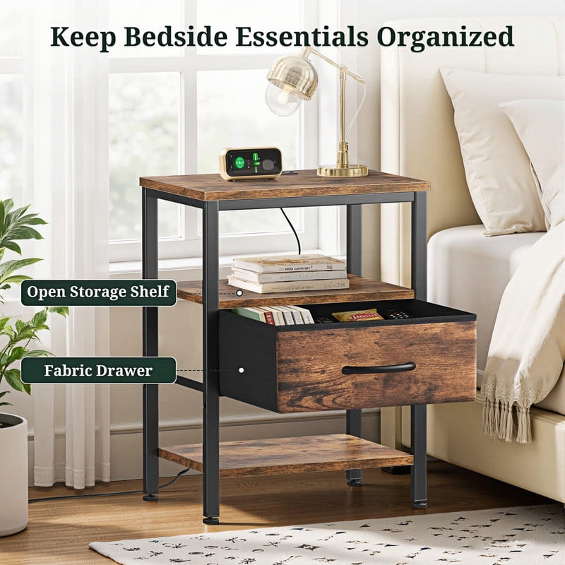 Kelno Nightstand with Fabric Drawer Charging Station USB TypeC Outlets Small Bedside Table with Wood Top Adjustable Shelf, Rustic Brown