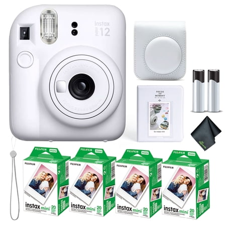 Fujifilm Instax Mini 12 Instant Camera Clay White Bundle with Fuji Instax Mini Film Value Pack (80 Sheets) + Protective Carrying Case + Photo Album + Microfiber Cleaning Cloth