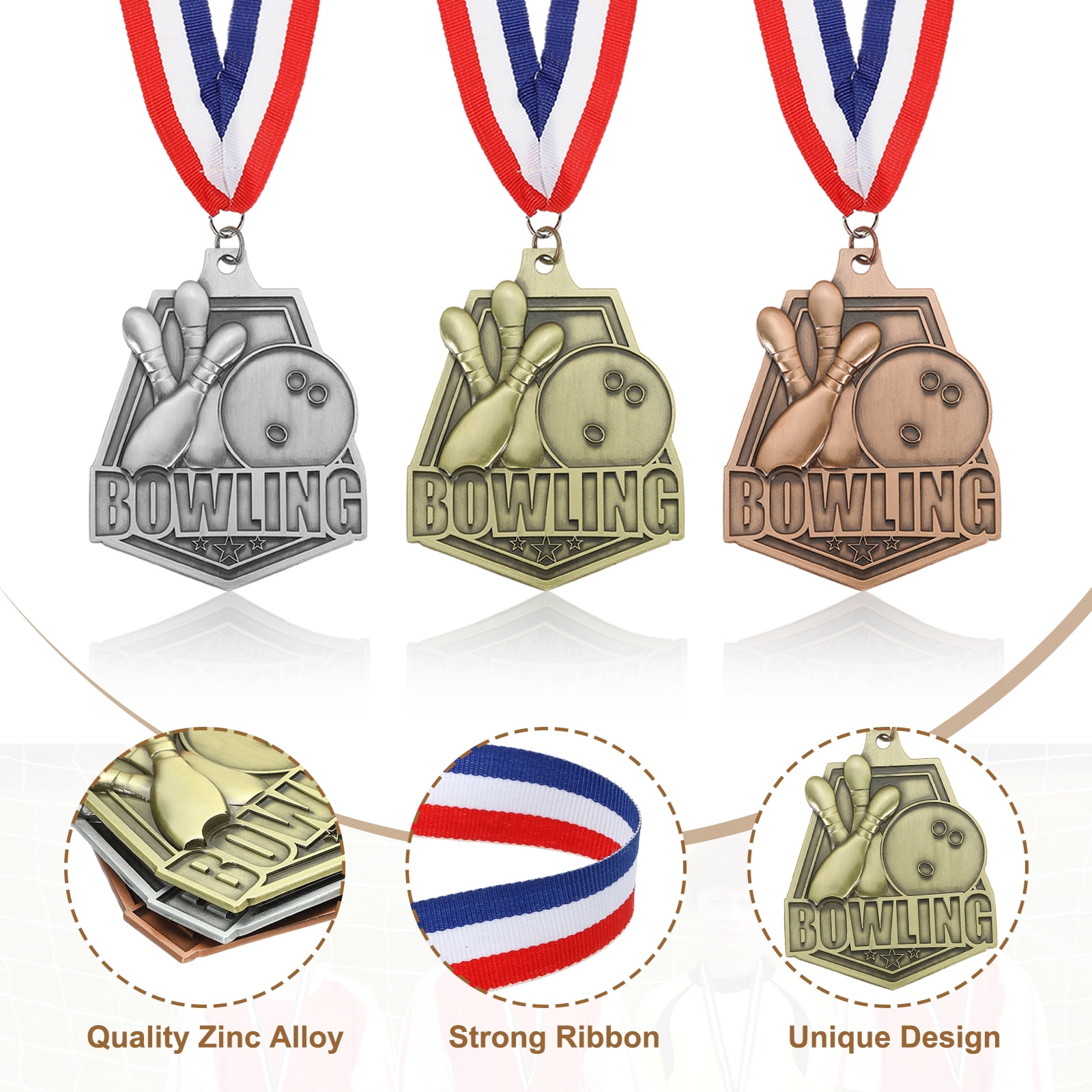 Uxcell Bowling Games Embossing Gold Silver Bronze Award Medals with Red & White & Blue Ribbons, 9 Pcs Winner Medals Prizes for Competitions Sports Party, Gold/Silver/Red