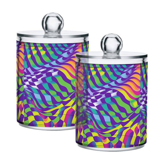 Yayeee 2 Pack Qtip Holder Bathroom Cotton Swab Canister with Lid Clear Dispenser Set, Green Wavy Pattern