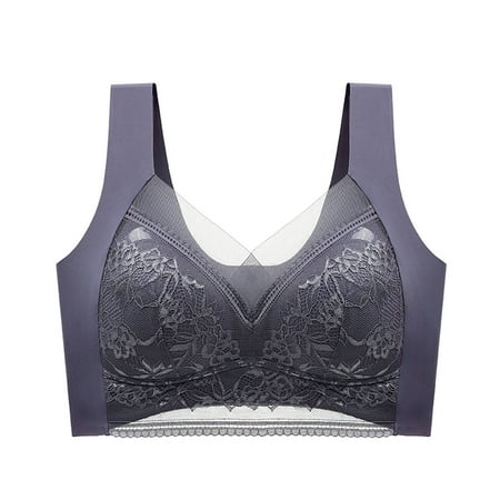 

PERZOE Women Bra Wide Shoulder Straps Beauty Back Padded Wireless Full Cup Women Bra Lace Flower Stitching Push Up Sport Brassiere