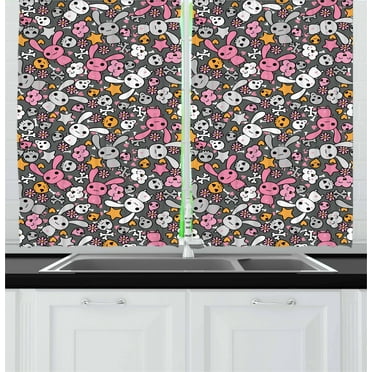 Ambesonne Cartoon Kitchen Curtains, Kawai Bunnies Clouds, 55"x39", Multicolor