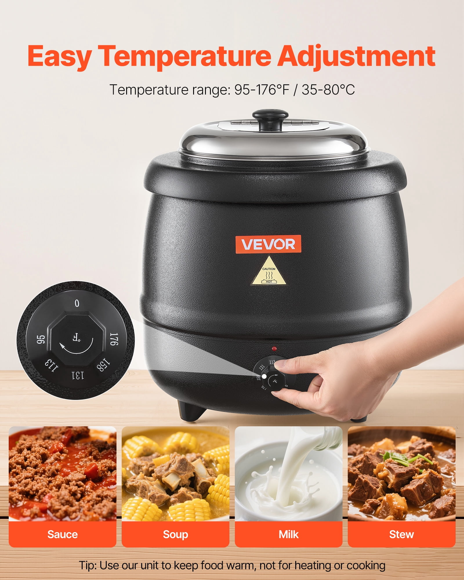 VEVOR Electric Soup Warmer, 10QT Commercial Soup Kettle with 304 Stainless Steel Detachable Insert Pot, 95~176°F Adjustable Temperature, Soup Station for Restaurant and Big Family, Black