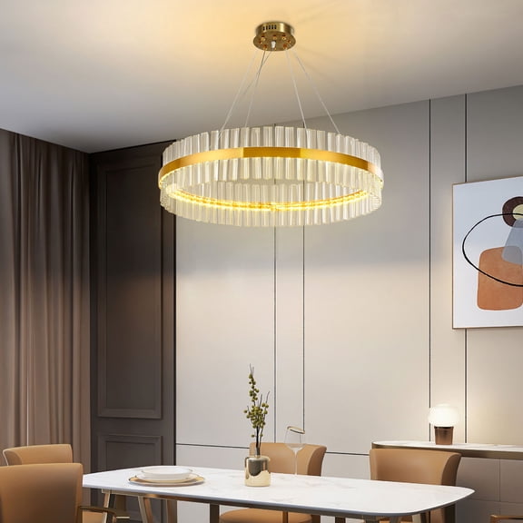 Loyalheartdy Modern Crystal Chandelier, 31.5" Gold Round LED Pendant Light 3-Way Dimmable Hanging Ceiling Lamp Adjustable Height
