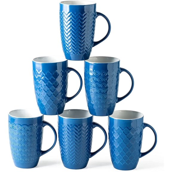 AmorArc Extra Large Coffee Mugs Set of 6, 20oz Ceramic Tall Coffee Mugs Set with Textured Geometric Patterns for Latte/Tea/Beer/Hot Cocoa, Dishwasher & Microwave Safe, Blue