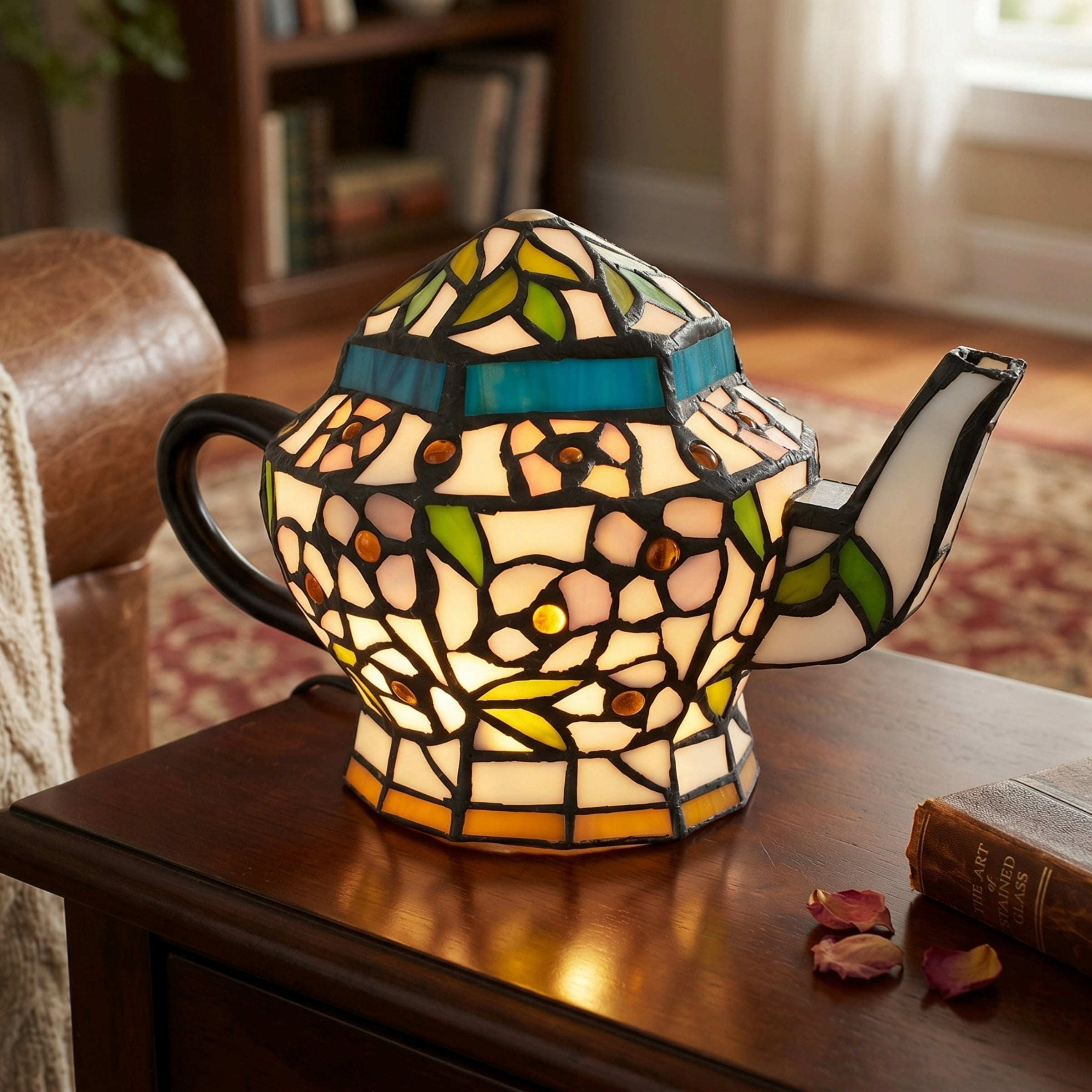 Lavish Home Teapot Lamp - Tiffany Style Stained Glass Table or Desk Light with LED Bulb Included