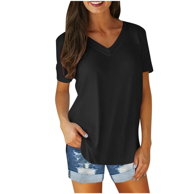 Timegard Plus Size Tops for Women V-Neck Short Sleeve Comfy Solid Color Casual Loose Long Shirts Tops