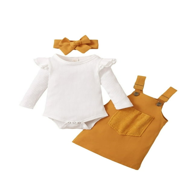 Newborn Baby Girl Fall Clothes Ruffle Long Sleeve Ribbed Romper Pocket Suspender Skirts Infant Overalls Dress Pink 0-3 Months