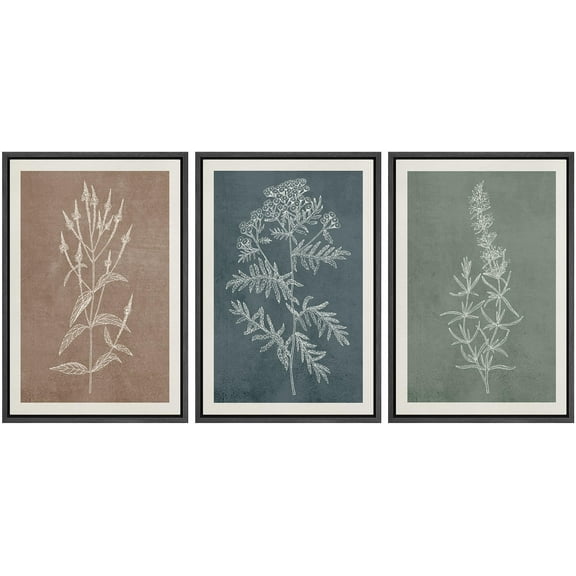 IDEA4WALL Framed Canvas Print Wall Art Set of 3 Retro Abstract Forest Wildflower Floral Illustrations Wall Decor Nordic Nature Wilderness Botanical Prints Minimal Bohemian Artwork - Black 16"x24"x3