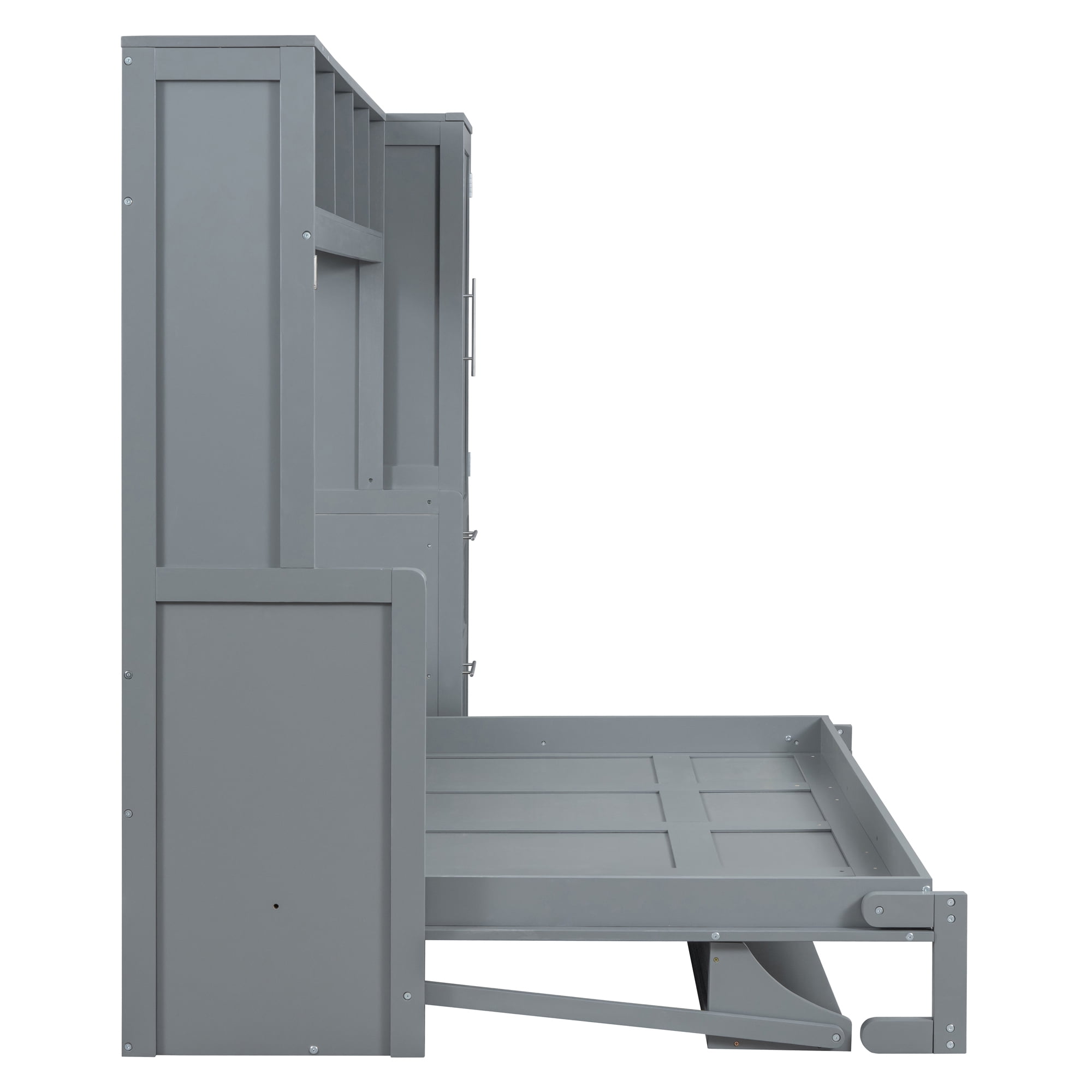 Full Size Murphy Bed Wall Bed with Closet, 2 Drawers and Open Shelves, for Space-Saving Guest Room