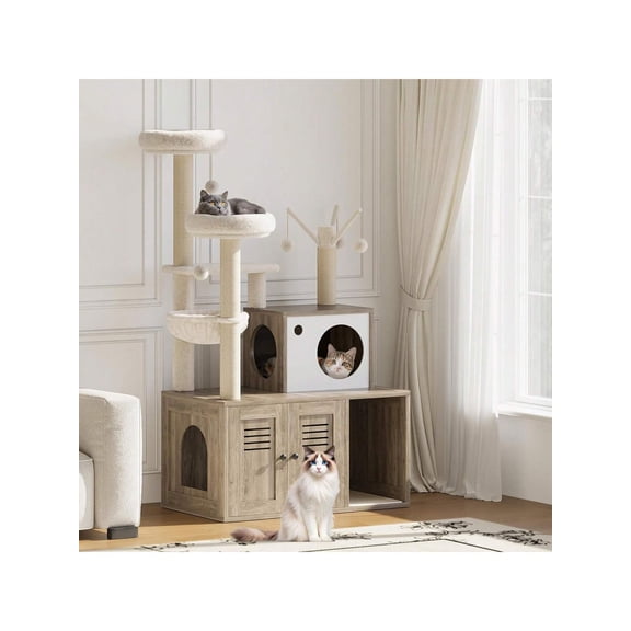 QinaQin Grand Arbre à Chat 3-en-1 avec Enclos pour Litière, Salle de Bain pour Animaux Cachée, Condo pour Chat en Bois à Plusieurs Niveaux avec Poteaux à Griffer en Sisal, Perchoir et Hamac en Peluche Douce