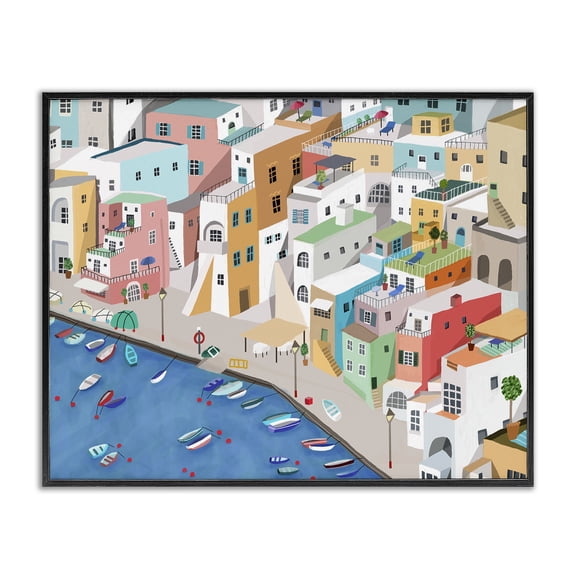 Stupell Industries Tropical Coastal Town Harbor Black Framed Giclee Art, 14 x 11, by Carla Daly